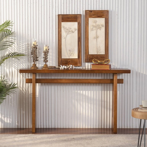 English Elm Walnut Grain MDF Console Table 55 Inch Slim Entryway Accent with Cross Beam Frame W3081P459148