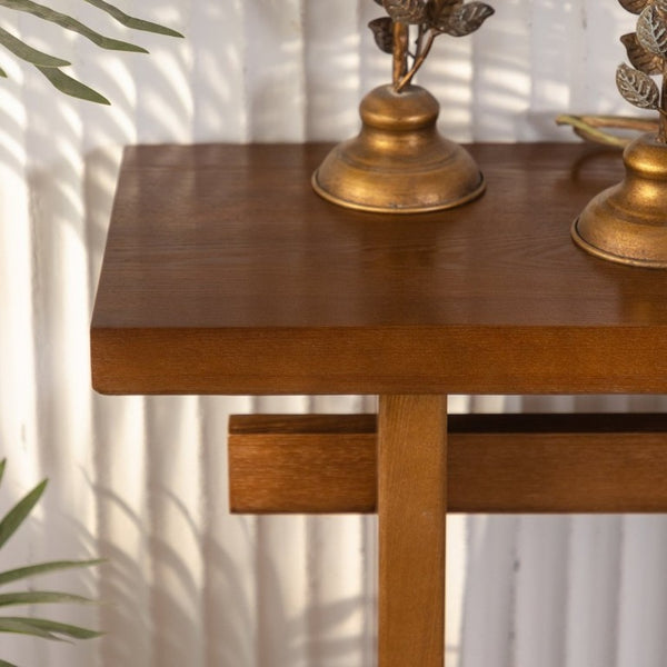 English Elm Walnut Grain MDF Console Table 55 Inch Slim Entryway Accent with Cross Beam Frame W3081P459148