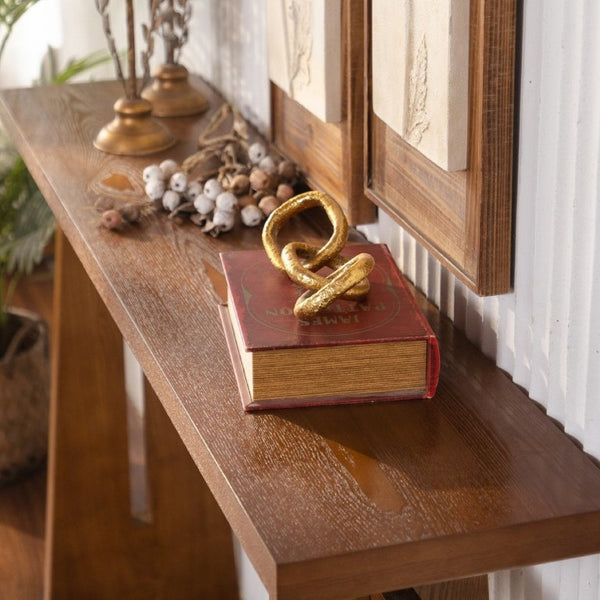 English Elm Walnut Grain MDF Console Table 55 Inch Slim Entryway Accent with Cross Beam Frame W3081P459148