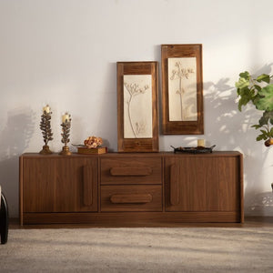 English Elm Walnut Brown Credenza 63 Inch Mid Century Modern Buffet with Soft Close Doors and Drawers W3081P459250