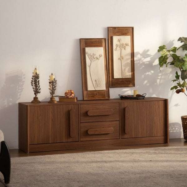 English Elm Walnut Brown Credenza 63 Inch Mid Century Modern Buffet with Soft Close Doors and Drawers W3081P459250
