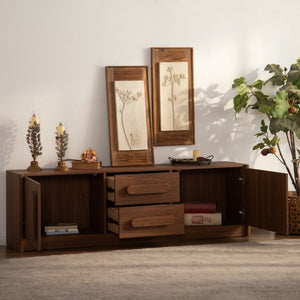 English Elm Walnut Brown Credenza 63 Inch Mid Century Modern Buffet with Soft Close Doors and Drawers W3081P459250