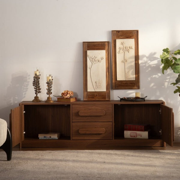 English Elm Walnut Brown Credenza 63 Inch Mid Century Modern Buffet with Soft Close Doors and Drawers W3081P459250