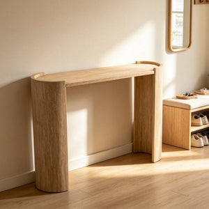 English Elm Wood Grain MDF Console Table 47 Inch Slim Entryway Accent with Sculpted U Legs W3081P489187