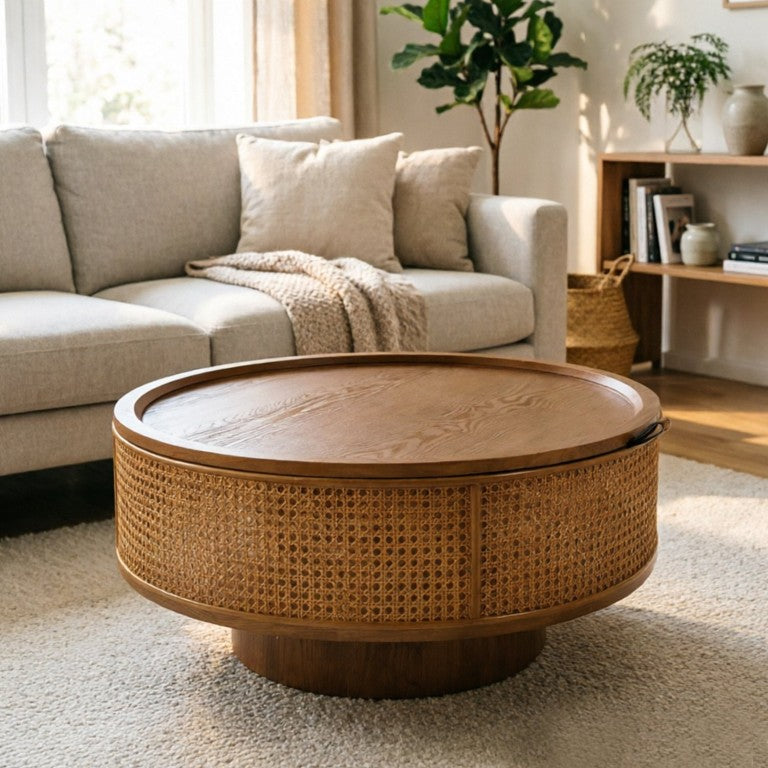 English Elm 30.71 Inch Round Rattan Drum Coffee Table with Hidden Storage Boho Farmhouse Living Room W3081P491760