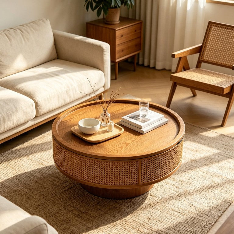 English Elm 30.71 Inch Round Rattan Drum Coffee Table with Hidden Storage Boho Farmhouse Living Room W3081P491760