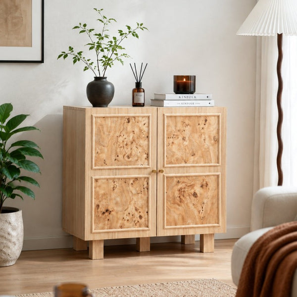 English Elm Burl-Pattern Melamine Sideboard with Dual Doors Light Oak Accent for Living Room W3081P502021