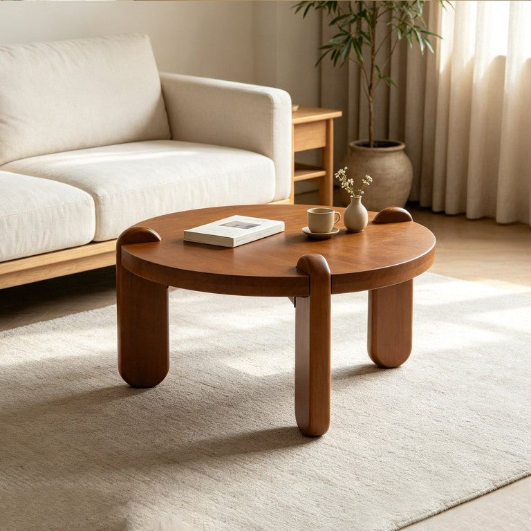 English Elm 27.56 Inch Round Solid Wood Coffee Table Three Leg Low Profile Kid Safe Living Room W3081P526376
