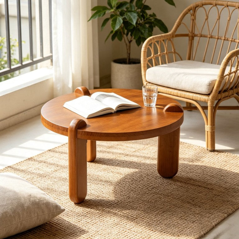 English Elm 27.56 Inch Round Solid Wood Coffee Table Three Leg Low Profile Kid Safe Living Room W3081P526376