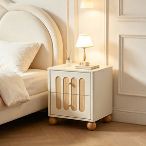 English Elm 2-Drawer Japandi Nightstand Cream White Lacquer Wood Slat Accents Brass Knobs Bedroom W3081P531645