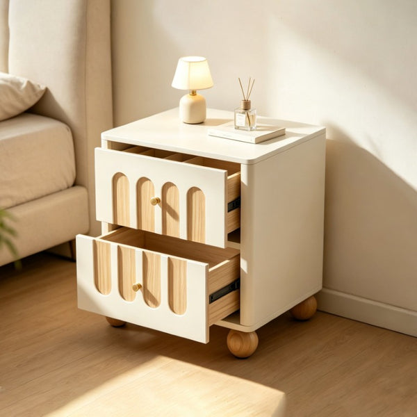 English Elm 2-Drawer Japandi Nightstand Cream White Lacquer Wood Slat Accents Brass Knobs Bedroom W3081P531645