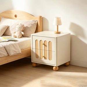 English Elm 2-Drawer Japandi Nightstand Cream White Lacquer Wood Slat Accents Brass Knobs Bedroom W3081P531645