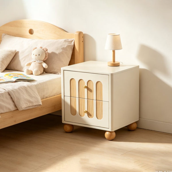 English Elm 2-Drawer Japandi Nightstand Cream White Lacquer Wood Slat Accents Brass Knobs Bedroom W3081P531645