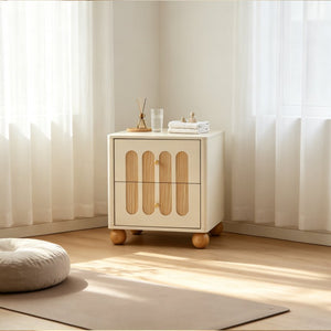 English Elm 2-Drawer Japandi Nightstand Cream White Lacquer Wood Slat Accents Brass Knobs Bedroom W3081P531645