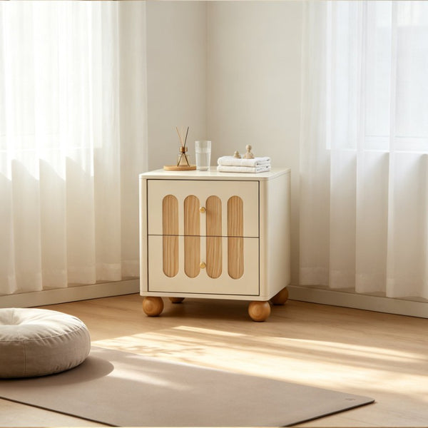 English Elm 2-Drawer Japandi Nightstand Cream White Lacquer Wood Slat Accents Brass Knobs Bedroom W3081P531645