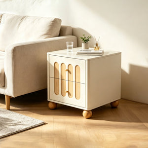 English Elm 2-Drawer Japandi Nightstand Cream White Lacquer Wood Slat Accents Brass Knobs Bedroom W3081P531645