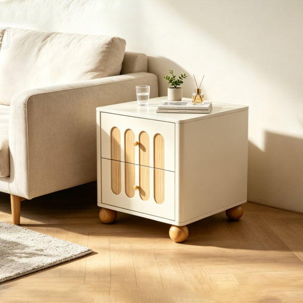 English Elm 2-Drawer Japandi Nightstand Cream White Lacquer Wood Slat Accents Brass Knobs Bedroom W3081P531645