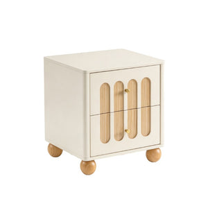 English Elm 2-Drawer Japandi Nightstand Cream White Lacquer Wood Slat Accents Brass Knobs Bedroom W3081P531645