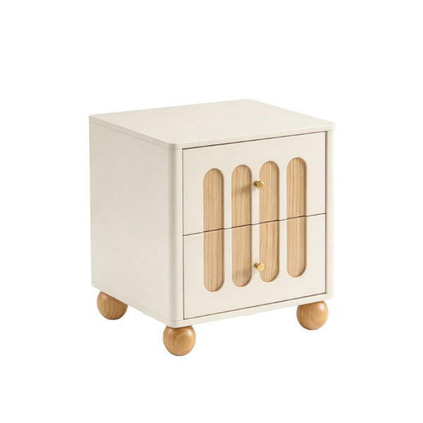 English Elm 2-Drawer Japandi Nightstand Cream White Lacquer Wood Slat Accents Brass Knobs Bedroom W3081P531645