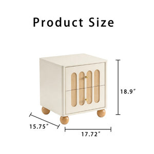 English Elm 2-Drawer Japandi Nightstand Cream White Lacquer Wood Slat Accents Brass Knobs Bedroom W3081P531645