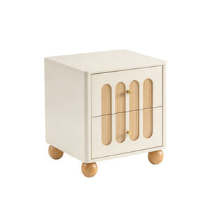 English Elm 2-Drawer Japandi Nightstand Cream White Lacquer Wood Slat Accents Brass Knobs Bedroom W3081P531645