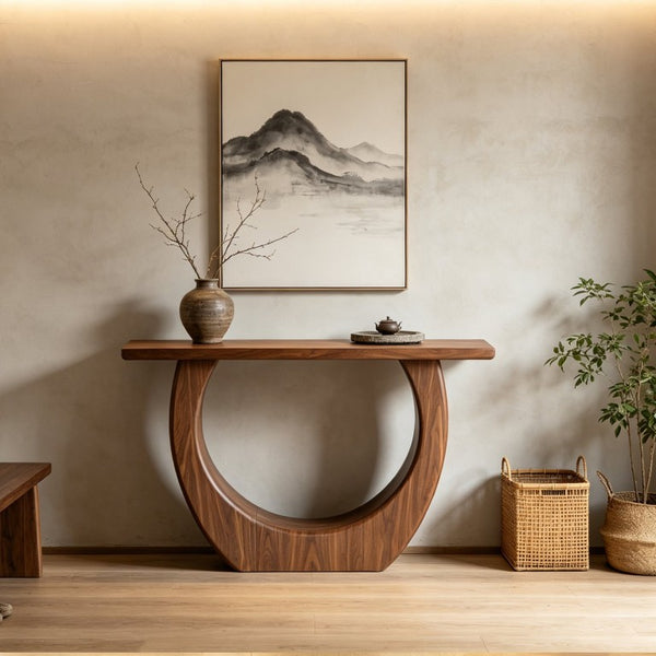 English Elm Modern Half Moon Console Table Sculptural Walnut MDF Sofa or Entryway Accent W3081P534790