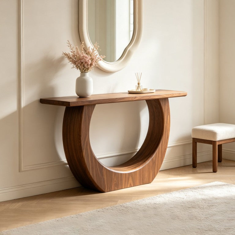 English Elm Modern Half Moon Console Table Sculptural Walnut MDF Sofa or Entryway Accent W3081P534790