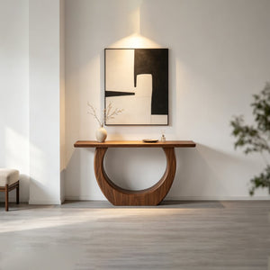 English Elm Modern Half Moon Console Table Sculptural Walnut MDF Sofa or Entryway Accent W3081P534790