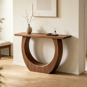 English Elm Modern Half Moon Console Table Sculptural Walnut MDF Sofa or Entryway Accent W3081P534790