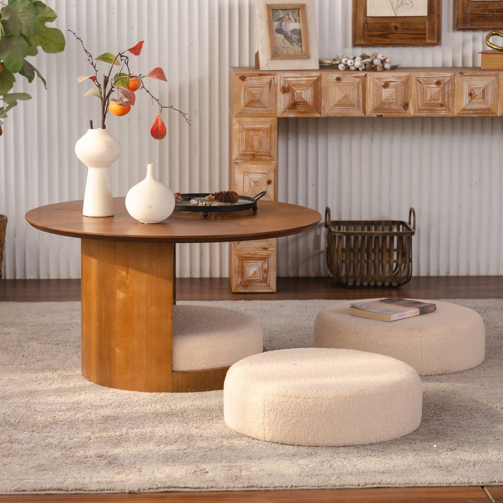English Elm 31.5" Round Farmhouse Wood Table with Teddy Fabric Nesting Stools for Living Room W3081S00009