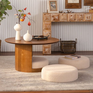 English Elm 31.5" Round Farmhouse Wood Table with Teddy Fabric Nesting Stools for Living Room W3081S00009