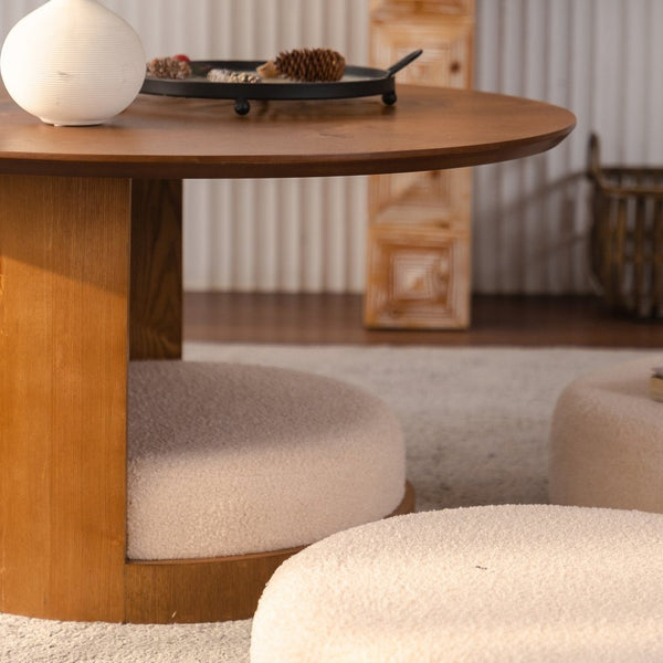 English Elm 31.5" Round Farmhouse Wood Table with Teddy Fabric Nesting Stools for Living Room W3081S00009