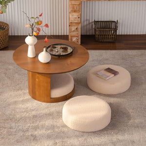 English Elm 31.5" Round Farmhouse Wood Table with Teddy Fabric Nesting Stools for Living Room W3081S00009