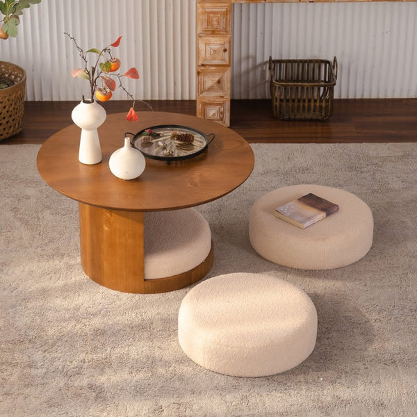 English Elm 31.5" Round Farmhouse Wood Table with Teddy Fabric Nesting Stools for Living Room W3081S00009
