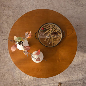 English Elm 31.5" Round Farmhouse Wood Table with Teddy Fabric Nesting Stools for Living Room W3081S00009