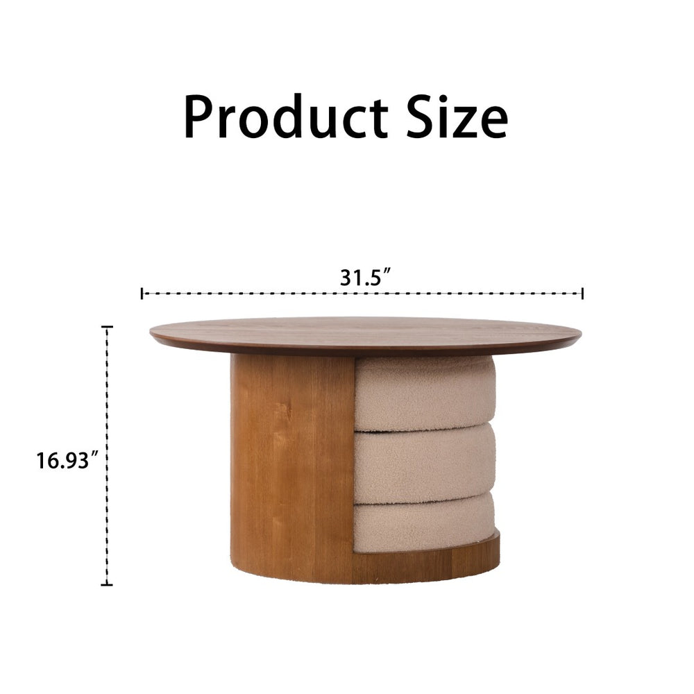 English Elm 31.5" Round Farmhouse Wood Table with Teddy Fabric Nesting Stools for Living Room W3081S00009