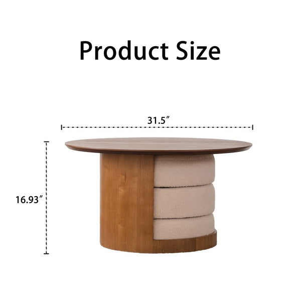 English Elm 31.5" Round Farmhouse Wood Table with Teddy Fabric Nesting Stools for Living Room W3081S00009