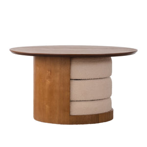 English Elm 31.5" Round Farmhouse Wood Table with Teddy Fabric Nesting Stools for Living Room W3081S00009