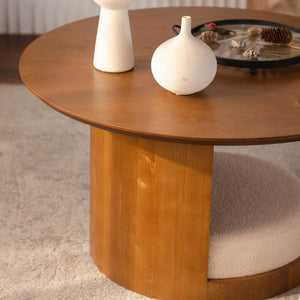 English Elm 31.5" Round Farmhouse Wood Table with Teddy Fabric Nesting Stools for Living Room W3081S00009