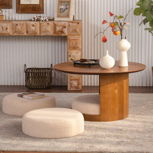 English Elm 31.5" Round Farmhouse Wood Table with Teddy Fabric Nesting Stools for Living Room W3081S00009
