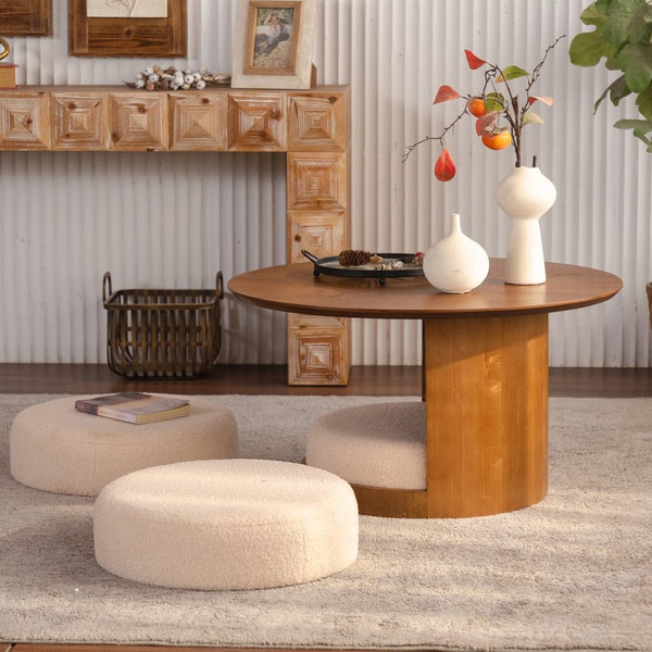 English Elm 31.5" Round Farmhouse Wood Table with Teddy Fabric Nesting Stools for Living Room W3081S00009