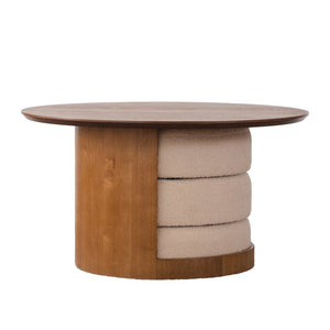 English Elm 31.5" Round Farmhouse Wood Table with Teddy Fabric Nesting Stools for Living Room W3081S00009