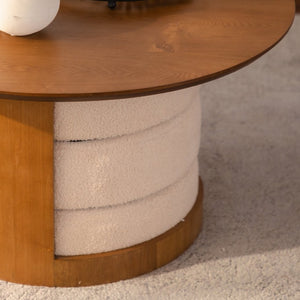 English Elm 31.5" Round Farmhouse Wood Table with Teddy Fabric Nesting Stools for Living Room W3081S00009
