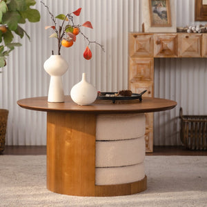 English Elm 31.5" Round Farmhouse Wood Table with Teddy Fabric Nesting Stools for Living Room W3081S00009