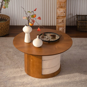 English Elm 31.5" Round Farmhouse Wood Table with Teddy Fabric Nesting Stools for Living Room W3081S00009