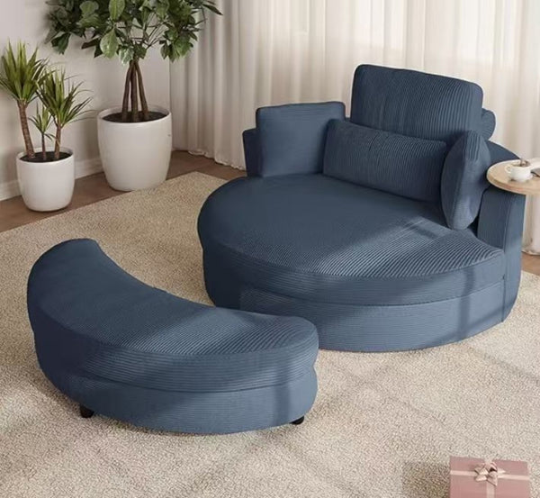 English Elm Round Corduroy Swivel Accent Chair with Crescent Storage Stool for Living Spaces W308S00212