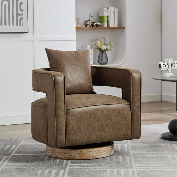 English Elm 28.9W Swivel Barrel Accent Chair Faux Leather Open Back with Weathered Rubberwood Base Coffee W3098P439172