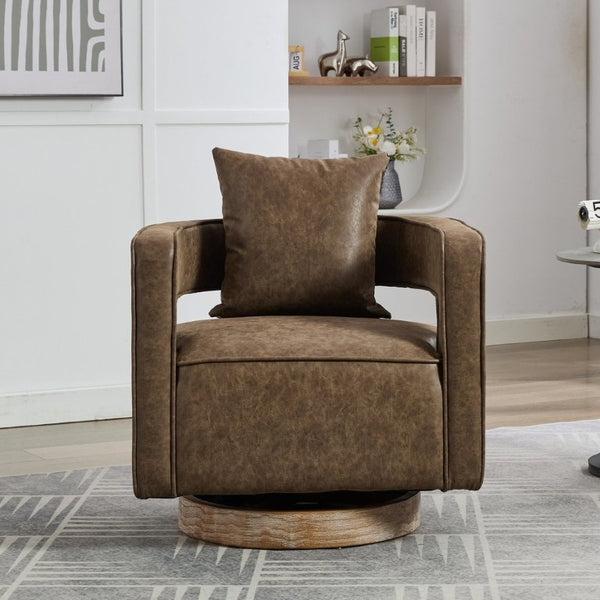 English Elm 28.9W Swivel Barrel Accent Chair Faux Leather Open Back with Weathered Rubberwood Base Coffee W3098P439172