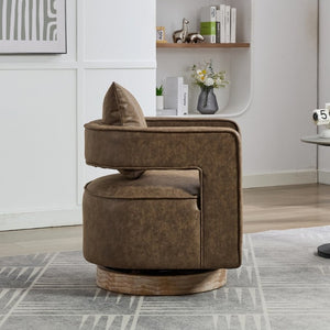 English Elm 28.9W Swivel Barrel Accent Chair Faux Leather Open Back with Weathered Rubberwood Base Coffee W3098P439172