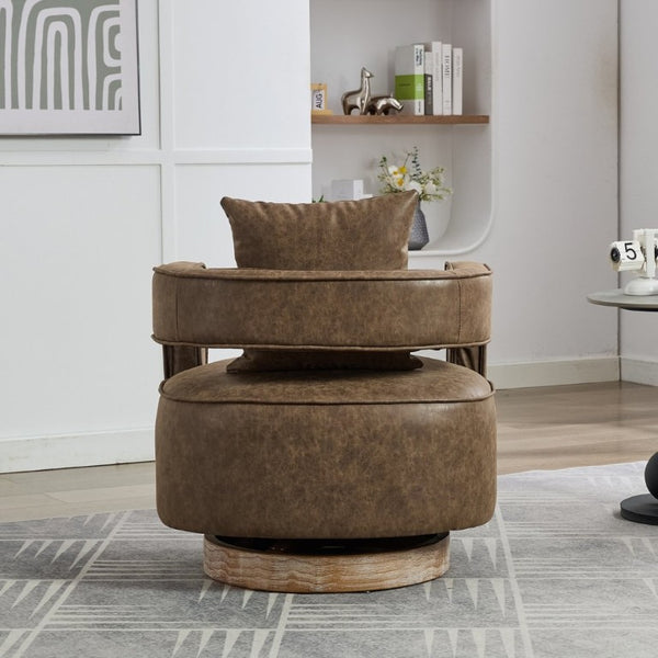 English Elm 28.9W Swivel Barrel Accent Chair Faux Leather Open Back with Weathered Rubberwood Base Coffee W3098P439172